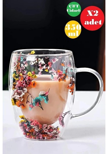 Çeyizci Çarşı 2li Çift Cidarlı Flower Cup 350ml Çiçekli Bardak Kahve Çay Bardağı El Yapımı Kulplu Cam Bardak Set Şeffaf