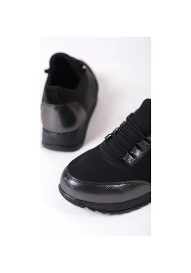 Kadın Galina Siyah Platın Bağcıklı Lastikli Ortopedik Rahat Taban Taş Detaylı Günlük Babet Anne Ayakkabısı-siyah Platin Siyah