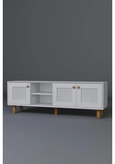 Bohem Serisi Natura Mat Beyaz Pvc Hasır Desen Tv Ünitesi Beyaz