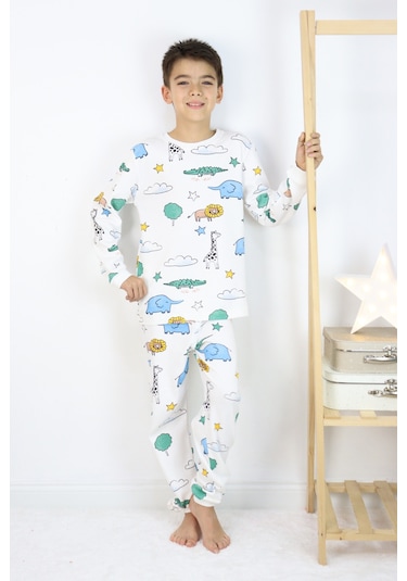 Erkek Çocuk Baskılı İnterlok Kumaş Uzun Kollu Pijama Takımı Beyaz
