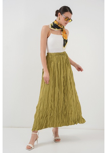 Kadın Uzun Kırışık Etek 8042 - E.yeşil Yeşil