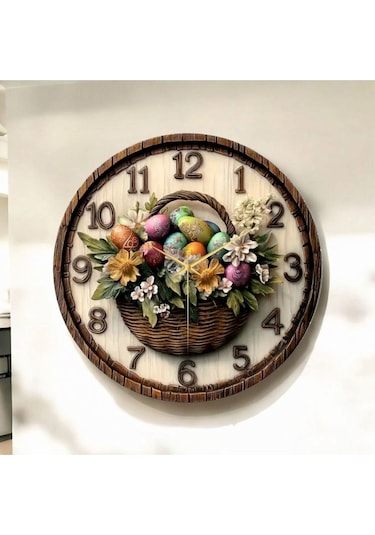 Çiçek Sepeti Kabartma Görünümlü Renkli Baskı Desenli Sayılı Hediyelik Ahşap Sessiz Duvar Saati 50cm ÇOk Renkli