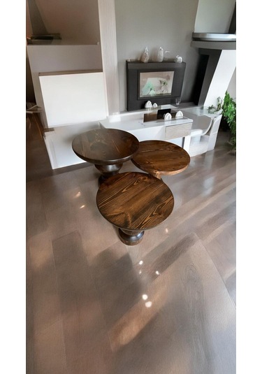 Wood Wooden Ahşap 3 Lü Set Fitilli Mantar Yan Sehpa / Ceviz Renk