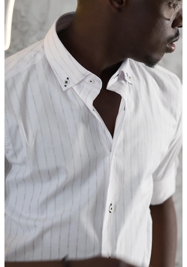 Advante Kalın Çizgili Katlamalı Kol Yaka Düğmeli Slimfit Pamuklu Yazlık Gömlek 001