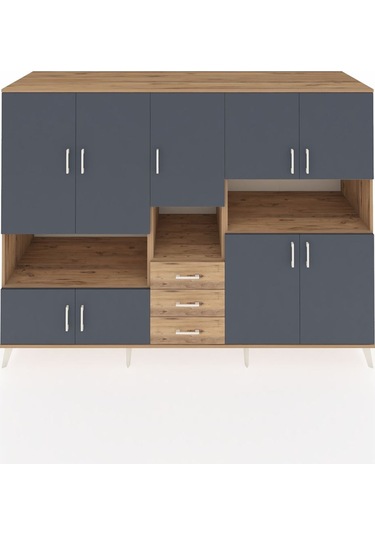 Kronos Dolap 13 Raflı 3 Çekmeceli 9 Kapaklı 220x59x163 Çam-antras Çam-antrasit/çam