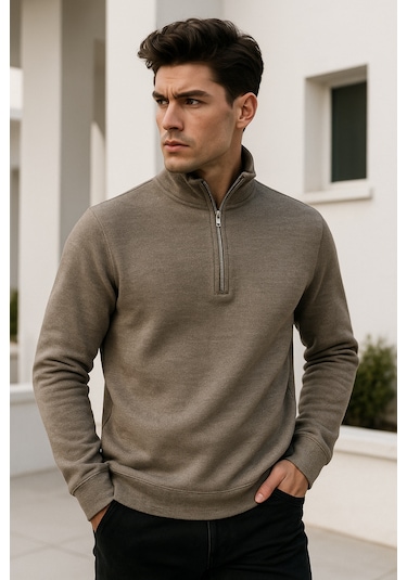 Rich Erkek Bej Yarım Fermuarlı Sweatshirt Bej
