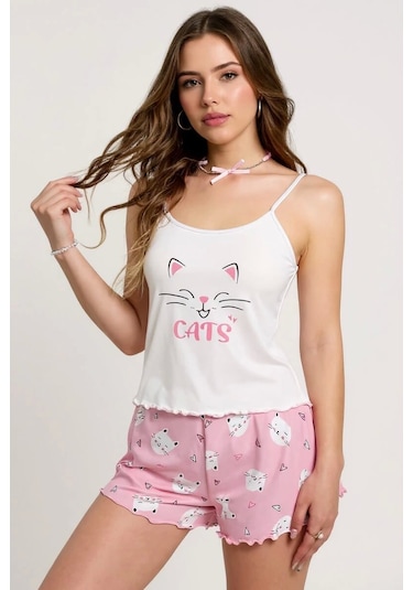 Cojans Kedi Desenli Askılı Şortlu Kadın Pijama Çok Renkli