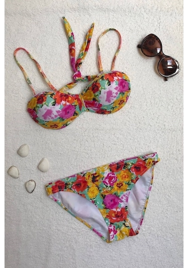 Dagi Straplez Destekli Push-Up Çiçek Desenli Bikini Takımı