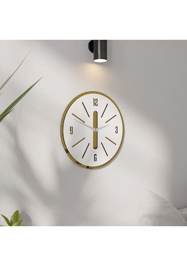 Minimalist Lüx Aynalı Pleklisi Ahşap Duvar Saati Beyaz - Altın