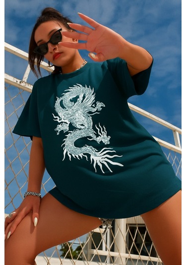 Ejderha Baskılı Oversize T-shirt Yeşil
