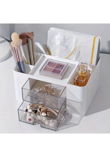 Sunshine011 Mavi 2 Çekmeceli Masaüstü Organizer, Kalem Ve Kozmetik Depolama Kutusu Mavi