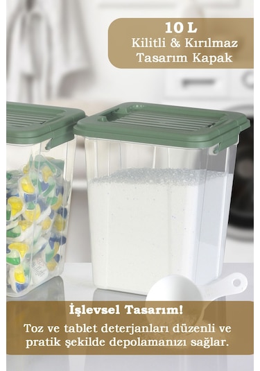 2'li Mega Organizer Box 10l - Un Bakliyat Erzak Saklama Kabı Kilit Kapaklı Deterjan Düzenleyici Kutu Yeşil