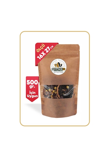Doypack Kraft Pencereli Kilitli Doypack 16 x 27 CM 500 G 100'lü
