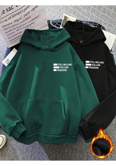 2'li Still Freedom Kalın Kışlık Sweatshirt - Siyah Nefti Yeşil Baskılı Oversize Kapüşonlu Siyah Nefti Yeşil