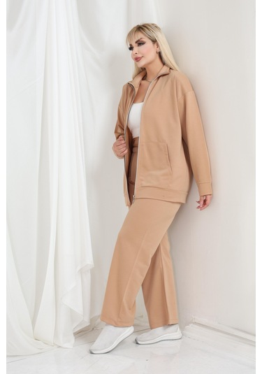 Kadın Büyük Beden Fermuarlı Uzun Kollu Rahat Günlük Eşofman Takım Camel