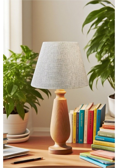 Manolya Masa Abajuru Ahşap Gövde Kumaş Başlık Dekoratif Masa Lambası Gece Lambası Açık Gri