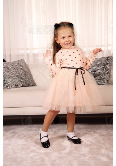 Puantiyeli Kız Çocuk Uzun Kollu Doğum Günü Ve Özel Günler İçin Tüllü Elbise SOMON
