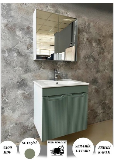 Banyo Dolabı Aynalı Cnc İşlemeli 65 Cm Yeşil