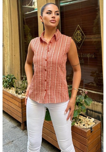 Kadın Bordo Çizgili Desen, Dokulu Bodrum Kumaş, Kolsuz Rahat Gömlek Bordo