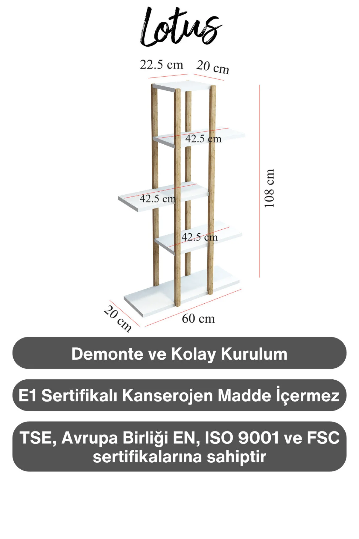 Lotus Ahşap 5 Katlı Çiçeklik, Saksılık, Çiçek Standı, Dekoratif Raf / Çok Amaçlı Kullanım Beyaz