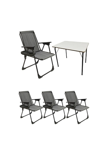 Natura 4 Adet Kamp Sandalyesi Oval Bardaklık Gri + MDF Masa Gri