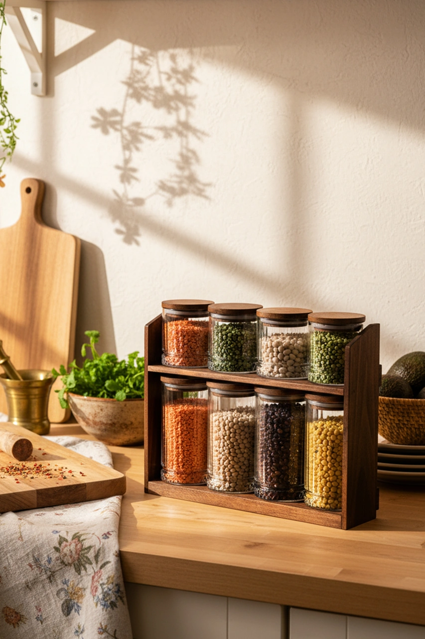 Mira Mix - 8'li Ahşap Standlı Vakumlu Ahşap Kapaklı Cam Baharatlık Takımı Saklama Kabı Seti Ahşap