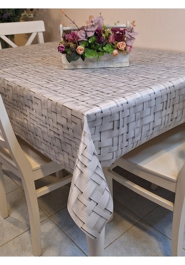 Kumaş Dokulu Tabanı Silikonlu Yıkanabilir Silinebilir Ütülenebilir Kaymaz Dekoratif Masa Örtüsü Brs020 Açık Gri