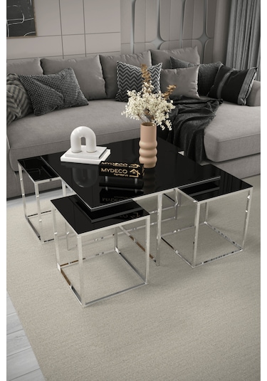 4+1 Gümüş Kaplama Siyah Ayna Orta Sehpa