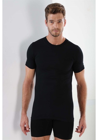 Erkek Siyah Sıfır Yaka Kısa Kol Fanila Tişört %100 Pamuklu Penye 3'lü Paket Siyah