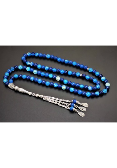 99Lu Namaz Tesbihi - Mavi Akik Doğaltaş Tesbih - 8 MM Küre Kesim