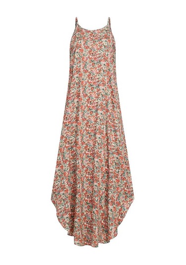 Kırmızı Vonda Yaz Kadın Boyundan Bağlamalı Kolsuz Çiçek Baskılı Askı Düzensiz Etek Maxi Elbise Kırmızı