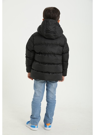 Freemen Erkek Çocuk Siyah Polarlı Kürklü Kapüşonlu Su Geçirmez Rüzgara Dayanıklı Şişme Kışlık Mont Siyah