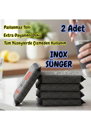 Technow Paslanmaz Çelik Sihirli Inox Yağ Ve Kir Çözücü Tel Bulaşık Süngeri 2 Adet