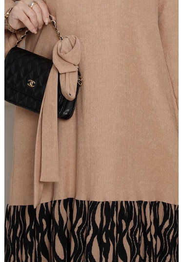 Eteği Desenli Karin Elbise-vizon-4268-vizon Vizon