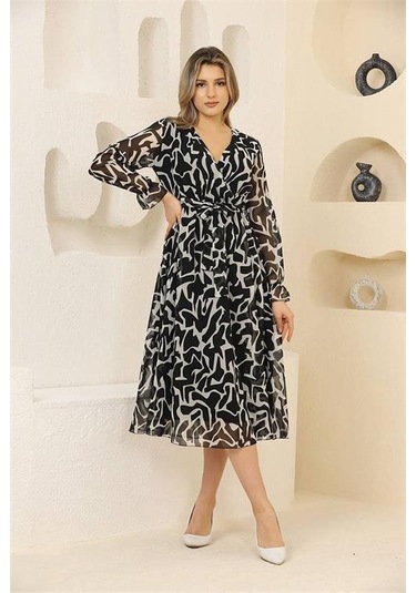 Neşeli Butik Kadın Siyah Desenli Şifon Elbise Rssn32 Siyah