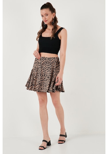 Lela Desenli Beli Lastikli Slim Fit Mini 2'Li Paket Bayan Şort Etek 5864024S2 Benetton-Leopar