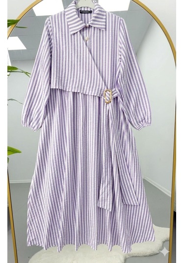 Lovie Moda Gold Toka Detaylı Çizgili Elbise Mor