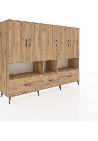 Hyperion Dolap 12 Raflı 3 Çekmeceli 5 Kapaklı 220x44x163 Çam-çam Çam-çam