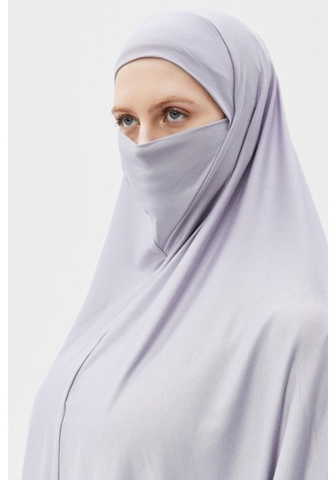 Kollu Sufle Çarşaf Üstü Peçeli Pratik Tesettür Hijab - Nikaplı Namaz Örtüsü Gri