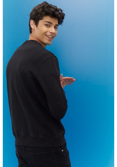 Regular Fit %100 Pamuk Bisiklet Yaka Siyah Şardonlu Sweatshirt Siyah