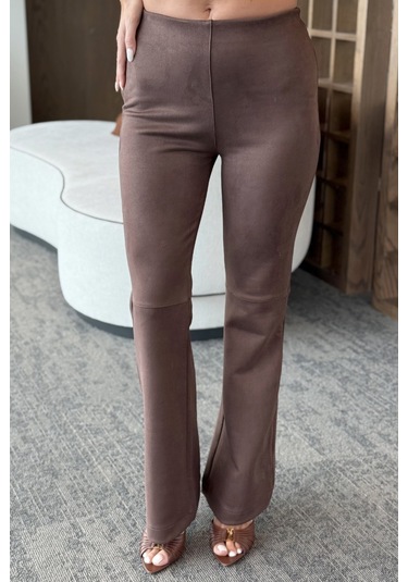 Kahverengi Süet Yandan Fermuarlı Pantolon - 40578 Kahverengi