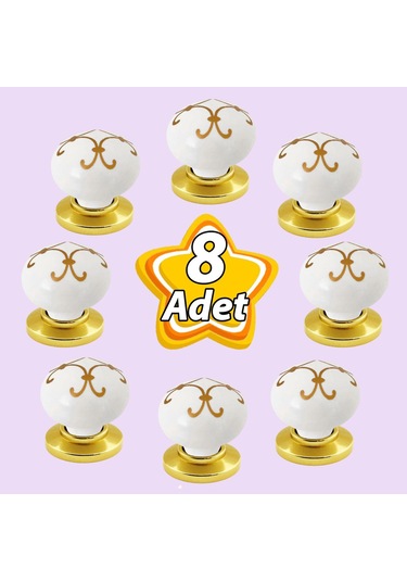 8 Adet Defne Altın Çizgili Beyaz Polimer Düğme Kulp Altın Tablalı Mobilya Mutfak Dolabı Çekmece Kulbu Kulpları