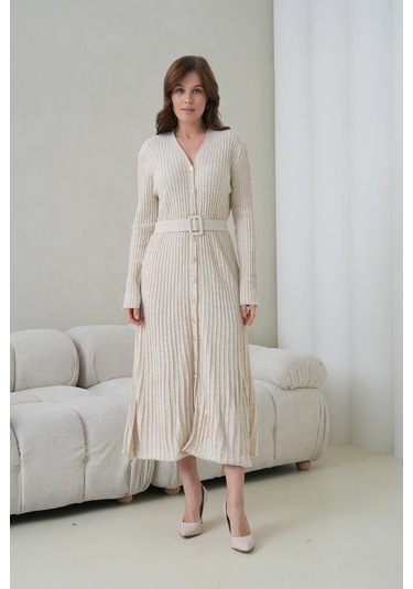 Kadın V Yaka Ful Düğme Kapama Kemer Detay Maksi Boy Fitilli Triko Elbise Taş