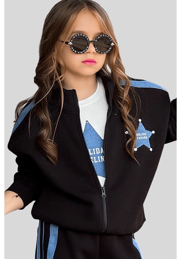 5-14 Yaş Yıldız Kotlu Çıtçıtlı 3'lü Kız Çocuk Takım Siyah Siyah