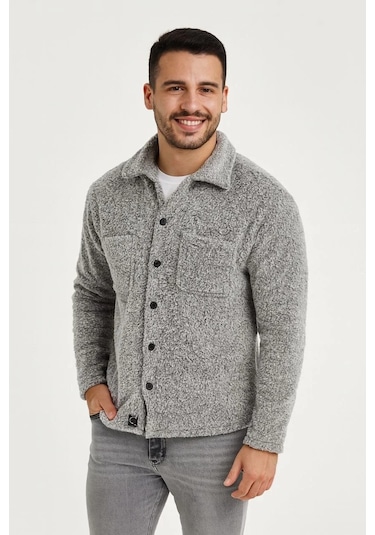 Erkek Pelüş Polar Hırka Gömlek Yakalı, İlik Düğmeli, Göğüs Cepli, Yumuşak Dokulu Kışlık Regular Fi Gri
