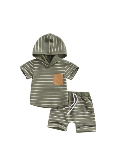 Haki Erkek Bebek Yaz Kıyafetleri Çizgili Kısa Kollu Kapşonlu Kazak Ve Günlük Elastik Büzgülü Şort Takım 0 - 6 Ay Haki