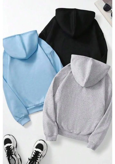 Unisex Düz 3' Lü Baskısız Kapüşonlu Oversize Sweatshirt Gri