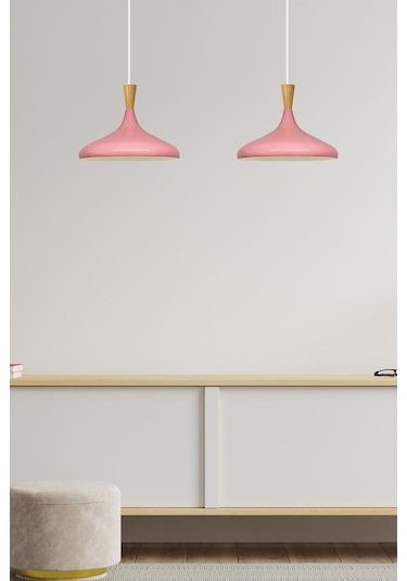 Pembe Ahşap Huni Tekli Avize Sarkıt Salon Mutfak Cafe Butik Lamba Aydınlatma Avizeler Pembe