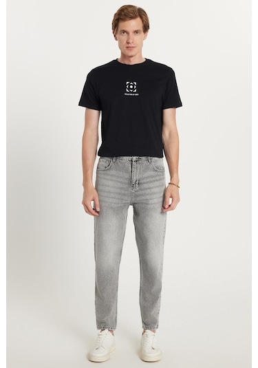 Erkek Relax Fit Geniş Kesim Boru Paça Denim Yıkamalı Taşlamalı Esnek Gri Jean Kot Pantolon-34488 Gri