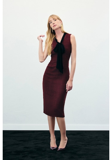 Fularlı Kolsuz Tüvit Elbise - Bordo-136339 Bordo